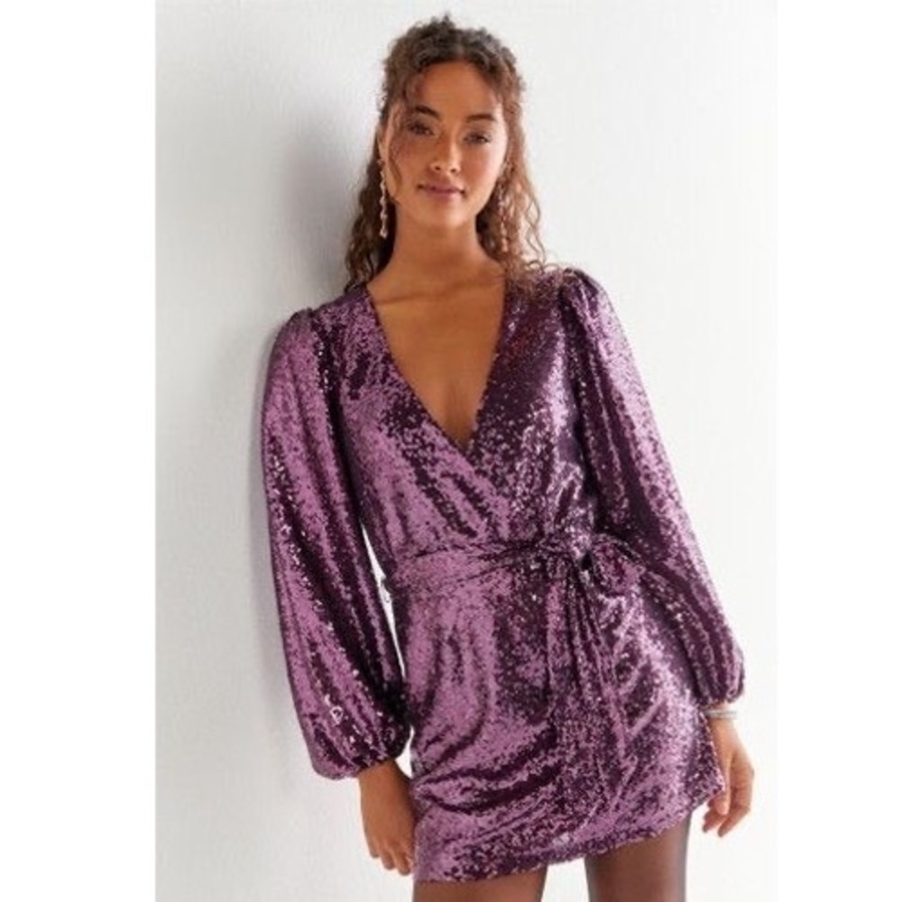 Anthropologie Purple Sequin V-Neck Wrap Mini Dress‎ XS